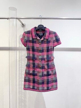 🚩steal Chanel Pink Plaid Short-Sleeve Tweed Dress